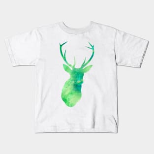 Green Deer Watercolor Portrait Kids T-Shirt